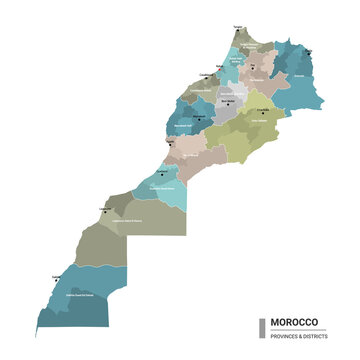 Morocco higt detailed map with subdivisions. Administrative map of Morocco with districts and cities name, colored by states and administrative districts. Vector illustration 