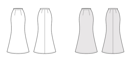 Skirt trumpet maxi technical fashion illustration with floor ankle lengths silhouette, pencil fullness. Flat bottom template front, back, white grey color style. Women men unisex CAD mockup