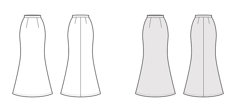 Skirt trumpet maxi technical fashion illustration with floor ankle lengths silhouette, pencil fullness. Flat bottom template front, back, white grey color style. Women men unisex CAD mockup