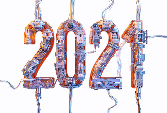 2021 new year numbers consisting engineering device machine parts techno concept. Happy New Year 2021 3D logo text as complex tech mechanism. Greeting card, poster, banner technology background design