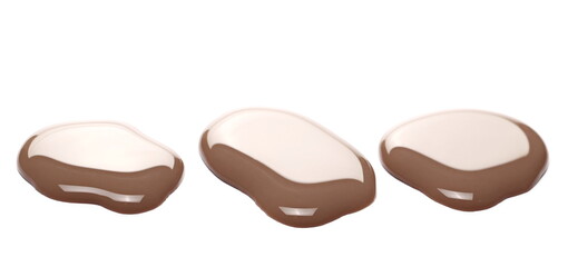 Chocolate milk spilled puddle drops set and collection arranged in line isolated on white background