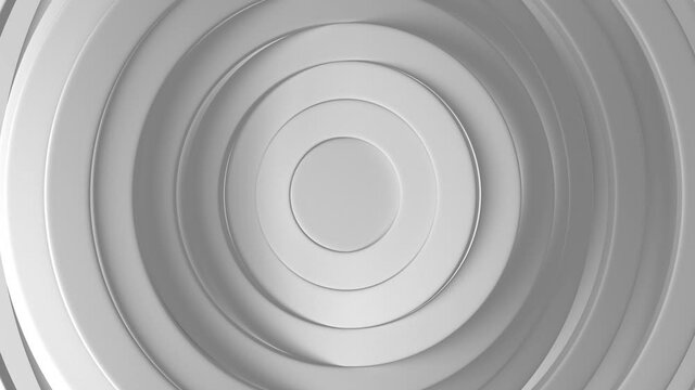 Abstract white circles waving, pattern of circles with the effect of displacement. White clean rings animation. Abstract background for business presentation. Seamless loop 4k 3d render
