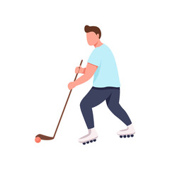 Hockey player flat color vector faceless character. Athlete with stick and puck. Sportsman on roller skates. Competitive sport isolated cartoon illustration for web graphic design and animation
