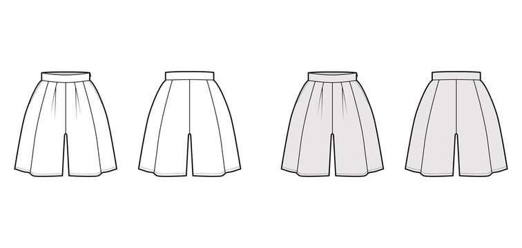 Shorts skirt culotte technical fashion illustration with mini length, oversize silhouette, thick waistband, side zipper. Flat bottom template front, back, white grey color style. Women, men CAD mockup