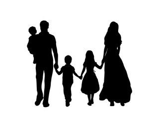 Family silhouettes father mother and three children from back