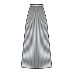 Skirt sunray pleat maxi technical fashion illustration with floor ankle length silhouette, circular fullness. Flat bottom template front, grey color style. Women, men, unisex CAD mockup