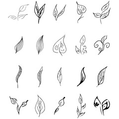 Doodle collection of 20 hand-drawn floral elements. Big collection of 20 hand-drawn leaves. Big floral botanical set isolated on a white background