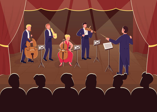 Orchestra Symphony Performance Flat Color Vector Illustration. Conductor With Musician. Night Live Show. Entertainment For Audience. Classical Music Band 2D Cartoon Characters With Stage On Background