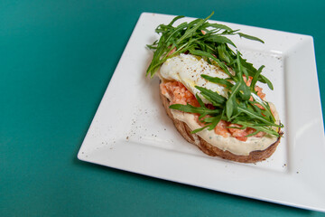 bruschetta with salmon and poached egg on white plate. green background. close up.