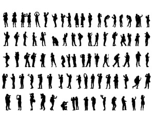 Woman and man holds a camera in her hand. Isolated silhouettes of people on a white background