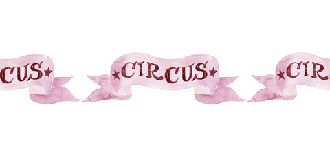 Watercolor seamless borders with circus animals and holiday paraphernalia, balloons, banners, magic wands, cotton candy and popcorn
