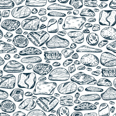 Sea stones seamless pattern. Hand drawn doodle sea pebbles - vector illustration. Black and white background