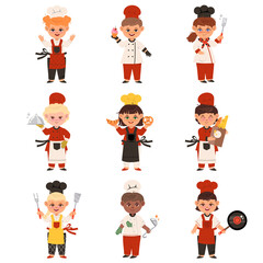 Smiling Kids Wearing Colorful Toques and Aprons Cooking Vector Set