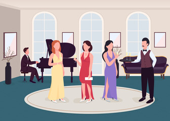 Fototapeta premium Luxury cocktail party flat color vector illustration. Formal occasion. Event with classical music performance. Piano musician. Elegant 2D cartoon characters with rich house on background