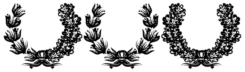 Set of three vintage wreaths. Laurel and oak leaves. Elements for design. Monochrome vector illustration