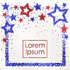 Obraz premium Cards with stars and frame from red and blue sparkles, glitter and space for text on white background. Vector illustration. Elements for banner, design, logo, web, invitation, business, party.