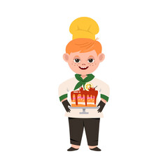 Smiling Boy Wearing Toque and Jacket Holding Baked Cake Vector Illustration