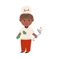 Cute Boy Chef in Toque and Jacket Holding Ladle Vector Illustration