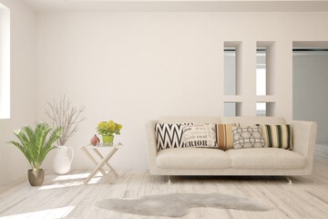 White living room with sofa. Scandinavian interior design. 3D illustration