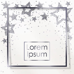 Cards with stars and frame from silver sparkles, glitter and space for text on white background. Vector illustration. Elements for banner, design, logo, web, invitation, business, party.