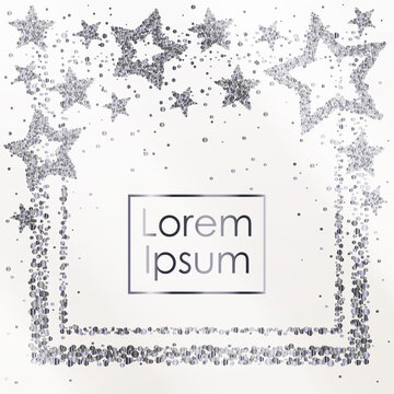 Cards with stars and frame from silver sparkles, glitter and space for text on white background. Vector illustration. Elements for banner, design, logo, web, invitation, business, party.