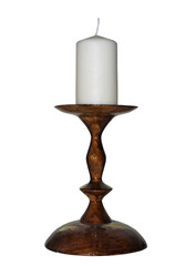 Wooden candlestick with a new candle on a white background isolated. - 390341108