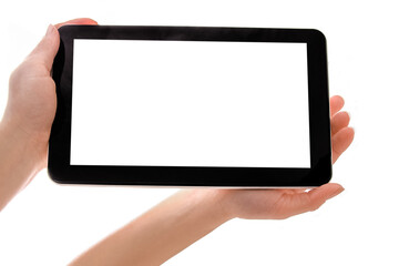 in human hands tablet computer touch-screen gadget with isolated