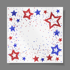 Cards with stars from red and blue sparkles, glitter and space for text on black background. Vector illustration. Elements for banner, design, logo, web, invitation, business, party.