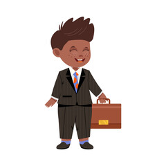 Cute Boy Businessman in Formal Suit Holding Briefcase Vector Illustration