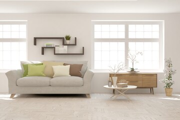 White living room with sofa. Scandinavian interior design. 3D illustration