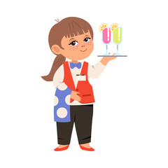 Cute Girl Waitress in Working Uniform Holding Cocktails Vector Illustration