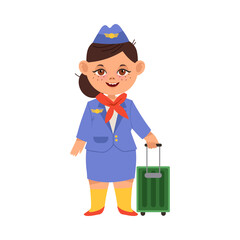 Little Girl in Pilot Costume Pulling Luggage Vector Illustration