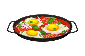Scrambled Eggs with Tomato Sauce in Frying Pan Vector Illustration
