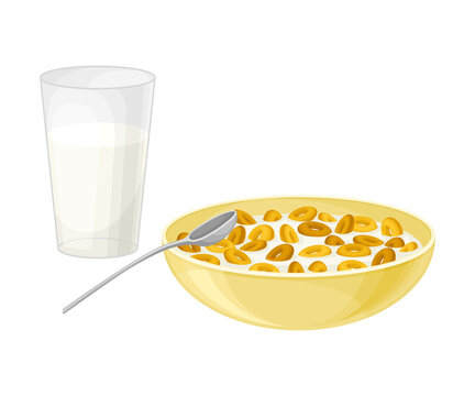 Breakfast Cereals in Bowl with Glass of Milk Nearby Vector Illustration