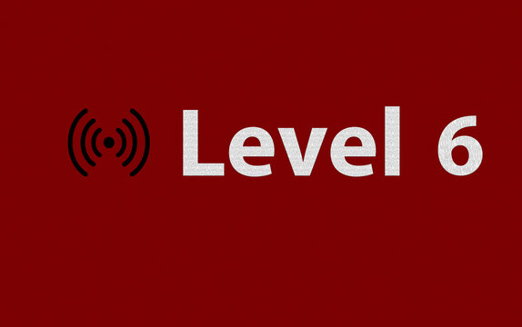 Level 6. White letters on red background. Black mark, distribution.