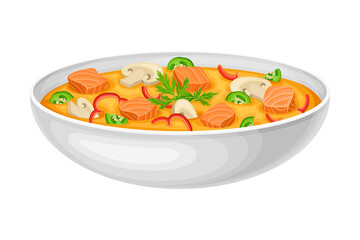 Creamy Soup with Salmon Slabs and Potherbs as Seafood Dish Vector Illustration