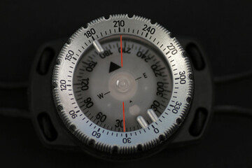 Close up of compass, waterproof compass for diving and outdoor activities
