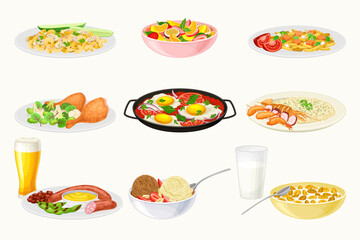 Different Dishes and Main Courses Served on Plate Vector Set