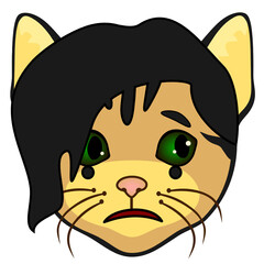 emoji with sad nonconformist emo cat with an bang & depressed face in black makeup that is expressing the emotion of pain, simple emoticon on white isolated background