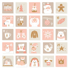 Christmas and New Year Celebration Symbols. Advent Calendar or Cards Set. Neutral and Pink Colours. Vector Set - 390343753