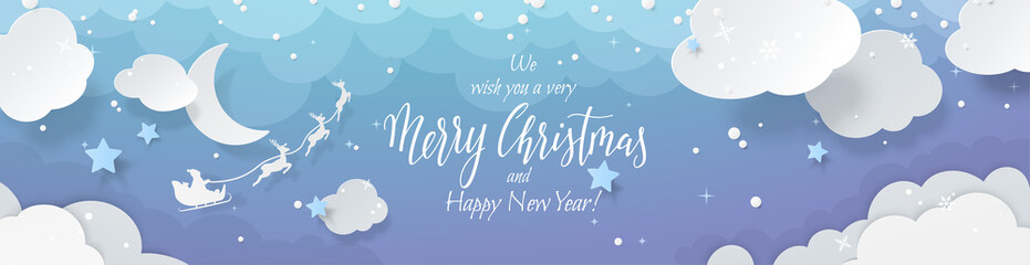 Naklejka na ściany i meble Vector horizontal scene with text Merry Christmas, paper cutout clouds, 3D stars, snowfall and Santa's sleigh flying around moon in night sky. Festive layered background for banner of website.