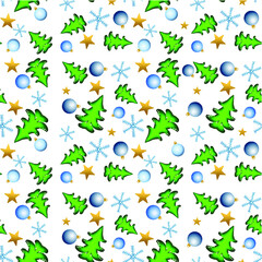 Vector Christmas seamless pattern with trees, ornaments, snowflakes, and stars