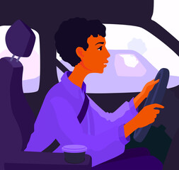 A girl driver sitting in a car. A woman driving, holding a steering wheel. An automobile interior. Auto drive. A vector cartoon illustration.