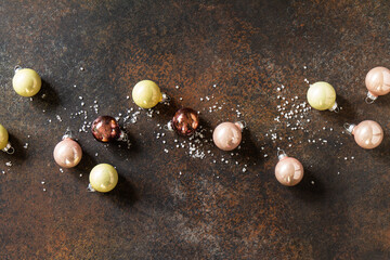 Christmas composition. Christmas glossy ball. Top view flat lay background. Copy space.