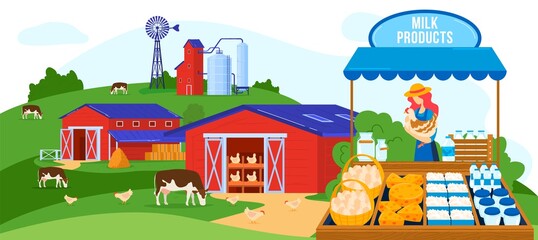 Farm dairy agriculture products vector illustration. Cartoon flat farmer woman character selling farm fresh milk, cheese and cottage cheese, eggs on local market street stall or food kiosk background