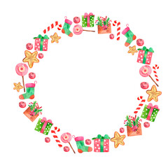 Watercolor Christmas round frame with festive elements Christmas sock, candy, gingerbread, berries, Christmas decor, flowers, perfect for postcards, posters, stickers, covers