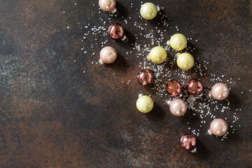 Christmas composition. Christmas glossy ball. Top view flat lay background. Copy space.