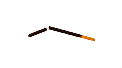 Close up of a broken original Pepero chocolate stick, assorted chocolate dipped biscuits sticks. Isolated on white background.
