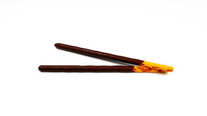 Close-up of an original Pepero chocolate stick. Isolated on white background. For Pepero Day, a day for gifts to loved ones.