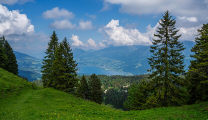 Idyllic view of beautiful surroundings near Lake Lungern. Mountains and wonderful blue sky, panoramic view. Beautiful outdoor scene in Swiss Alps.